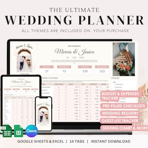 Pu&ograve; includere: Un wedding planner digitale visualizzato su laptop, tablet e telefono. Lo schermo mostra un foglio di calcolo con categorie di pianificazione del matrimonio. Il testo include "The Ultimate Wedding Planner" e funzioni come il monitoraggio del budget.