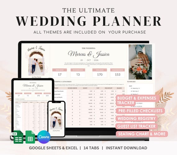 Ultimate Wedding Planner Spreadsheet: Elegant Google Sheets Template (Digital Download
