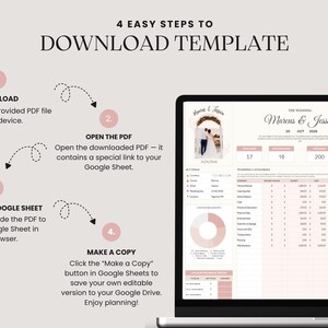 Pu&ograve; includere: Uno schermo di un laptop mostra un modello di pianificazione del matrimonio con i nomi "Marcus & Jessica". L'immagine mostra una guida passo passo per scaricare il modello, con istruzioni e uno screenshot di Google Sheet. Il testo include "4 semplici passaggi per scaricare il modello."