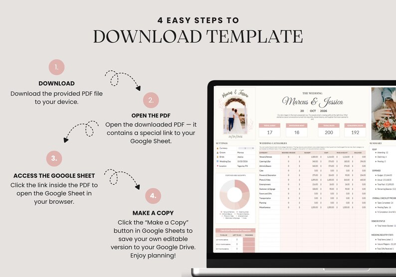 Pu&ograve; includere: Uno schermo di un laptop mostra un modello di pianificazione del matrimonio con i nomi "Marcus & Jessica". L'immagine mostra una guida passo passo per scaricare il modello, con istruzioni e uno screenshot di Google Sheet. Il testo include "4 semplici passaggi per scaricare il modello."