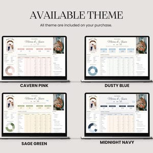 Pu&ograve; includere: Quattro schermi di laptop che mostrano modelli di pianificazione di matrimoni in vari schemi di colori: Cavern Pink, Dusty Blue, Sage Green e Midnight Navy. Ogni schermo mostra una diversa tavolozza di colori per lo stesso modello, con il testo "AVAILABLE THEME".