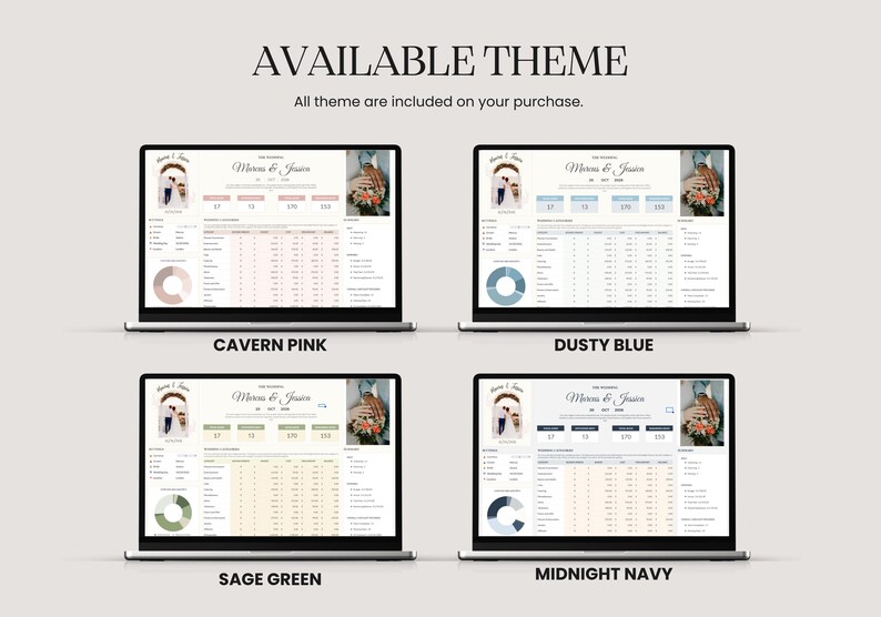Pu&ograve; includere: Quattro schermi di laptop che mostrano modelli di pianificazione di matrimoni in vari schemi di colori: Cavern Pink, Dusty Blue, Sage Green e Midnight Navy. Ogni schermo mostra una diversa tavolozza di colori per lo stesso modello, con il testo "AVAILABLE THEME".
