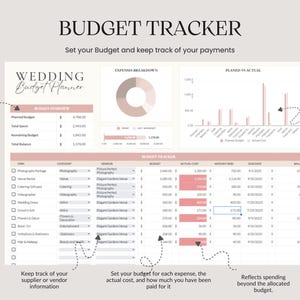 Pu&ograve; includere: Un pianificatore di budget per matrimoni con un design rosa chiaro e bianco. Il documento include sezioni per la panoramica del budget, la ripartizione delle spese e un confronto tra le spese pianificate e quelle effettive. Il testo include "Budget Tracker" e "Wedding Budget Planner".