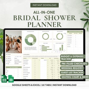 May include: A digital bridal shower planner displayed on a computer screen. The planner includes sections for budget tracking, checklists, and guest lists. The text on the screen reads "ALL-IN-ONE BRIDAL SHOWER PLANNER".