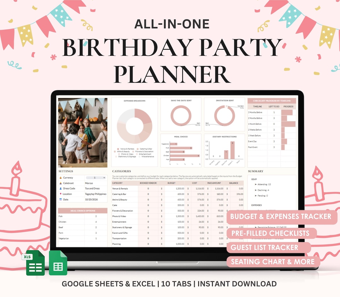 Birthday Party Planner Spreadsheet: Google Sheets & Excel (digital ...