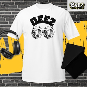 "Deez Nuts" retrostil med grafisk t-shirt – rolig, djärv statement-tröja