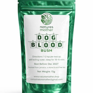 May include: A green pouch of "Dog Blood Bush" tea from Natures Mother. The white label features the brand name and product details, including brewing instructions and net weight of 15g. Best before Dec 2027.