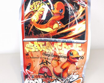 Metal sculpture of a Charmander Pokemon card, street art, pop graffiti, TCG design, decoration