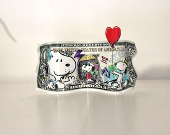 Dollar bill, aluminum metal Snoopy manga cartoon sculpture, street art pop decoration, geek