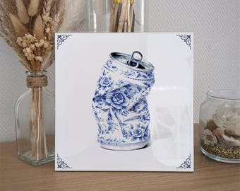 Delftsblauwe tegel, frisdrankblikje, vintage retro kunstdecoratie, cadeau uit Amsterdam