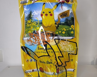 Metal sculpture of a Pokemon card, Pikachu style, street art, pop graffiti, TCG design, booster deck decoration