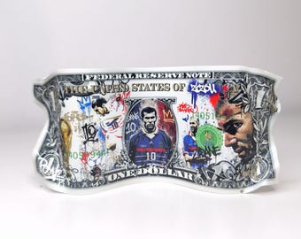 Metal banknote featuring Zidane, the French national football team, a street art sculpture, pop art, and geek decoration.