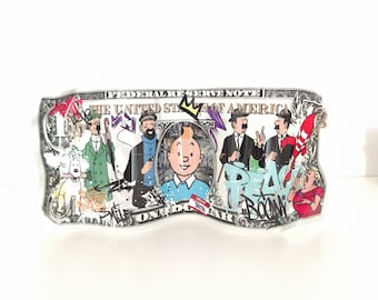 Tintin Hergé metal banknote, comic book, manga, anime, sculpture, street art, pop art, geek decoration