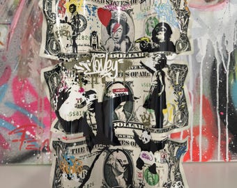 One dollar bill in metal, Banksy tribute, street art, pop decoration