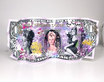Metal dollar bill Brigitte Bardot graffiti sculpture Street Art pop decoration Vintage
