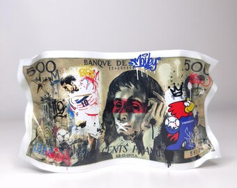 500fr metal banknote featuring Zidane, the French national football team, street art sculpture, pop art, geek decoration