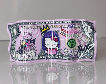 Dollar bill, metal, aluminum, Hello Kitty, kawaii, manga, anime, sculpture, street art, pop, geek decoration