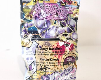 Metal sculpture of a Pokemon card, Mewtwo, street art, pop graffiti, TCG design, decoration