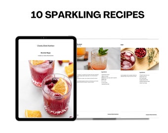 May include: A digital tablet displays a recipe for a cocktail called "Mocktail Magic" with images of the drink. The text "10 Sparkling Recipes" is at the top. The recipe includes ingredients and instructions.