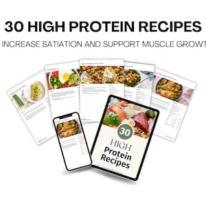 Può includere: Un download digitale di 30 ricette ad alto contenuto proteico per aumentare la sazietà e supportare la crescita muscolare. L'immagine di copertina mostra un tablet che mostra una varietà di cibi ricchi di proteine, tra cui salmone, uova e avocado.