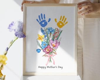 Personalized Mothers Day Gift - Flower Handprint Craft Art | Preschool Custom Gift from Kids | Handprint Flowers Bouquet Card for Mom