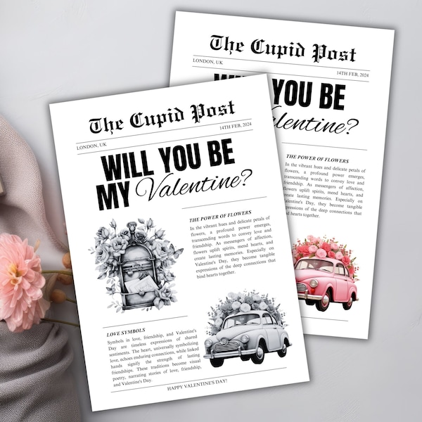 Valentines Cupid Post Newspaper | Printable Flower Bouquet Wrap for Florist | Front Paper Newspaper Template | Will You Be My Valentine Gift