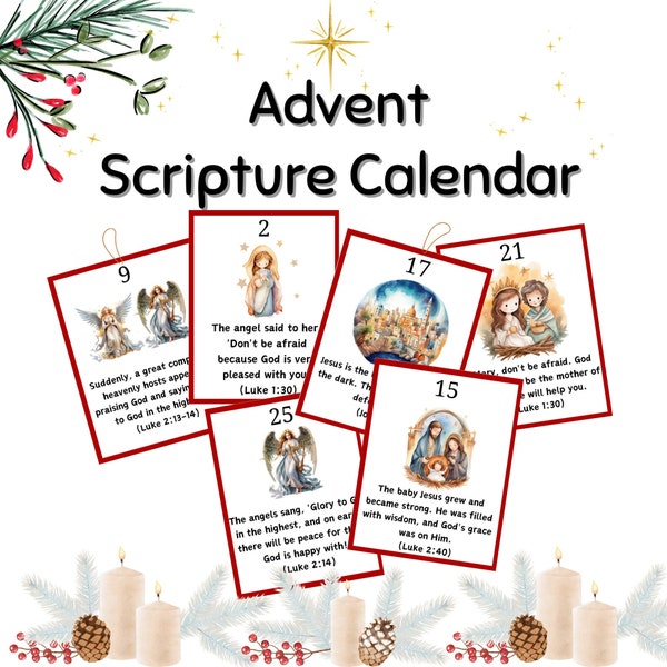 Advent Scripture Cards | Printable Nativity Advent Calendar | Kids Advent Picture Cards | Christmas Countdown | Bible Verses Reading