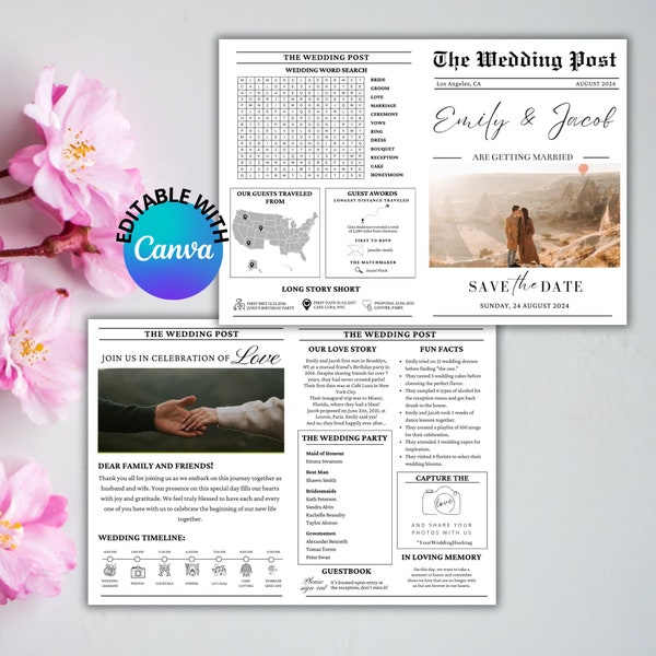 Newspaper Wedding Program Template  | Canva Editable Wedding Newspaper Template | Printable Folded Wedding Infographic, Wedding Timeline