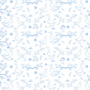 May include: A seamless pattern featuring blue geese and floral designs on a white background. The geese are depicted in a simple, stylized manner, with their necks outstretched and their wings folded. The floral designs are delicate and whimsical, with small blue flowers and leaves.