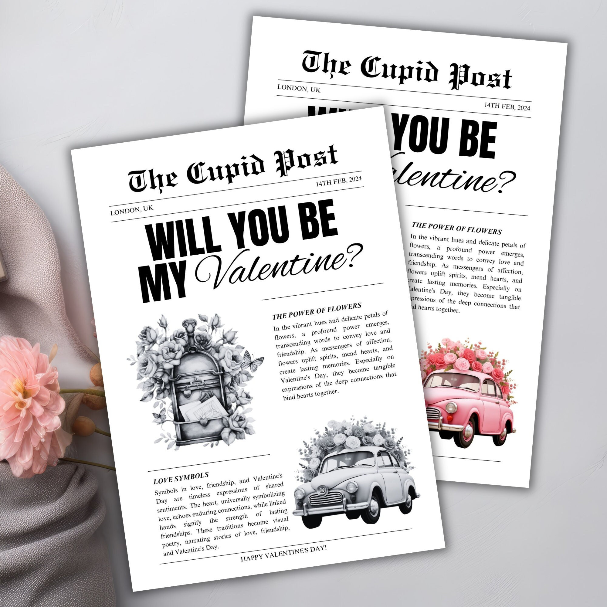 Valentines Cupid Post Newspaper Printable Flower Bouquet Wrap Valentines Cupid Post Newspaper Printable Flower Bouquet Wrap