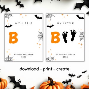 K&ouml;nnte beinhalten: Zwei druckbare Halloween-Karten mit orangefarbenen und schwarzen Akzenten. Die Karten zeigen den Text "My Little B" und "My Little By" mit einer Fu&szlig;abdruckgrafik. Der Text "My First Halloween 2024" ist ebenfalls auf jeder Karte enthalten.