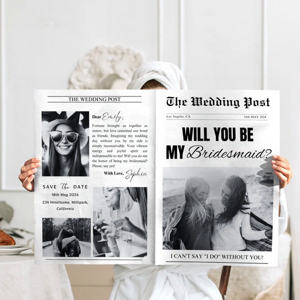 Bridesmaid Proposal Newspaper Bouquet | Custom Newspaper Bridesmaid Proposal Card| Flower Bouquet Newspaper Wrap | Editable Canva Template