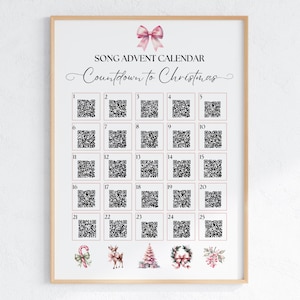 May include: A printable advent calendar with a pink bow at the top. The calendar has 25 squares with QR codes in each square. The text "SONG ADVENT CALENDAR Countdown to Christmas" is at the top of the calendar. The bottom row of the calendar has five images of Christmas decorations.