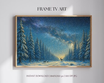 Grafika na telewizorze Samsung Frame z zaśnieżonym lasem, zimowy krajobraz bożonarodzeniowy (do pobrania cyfrowego)