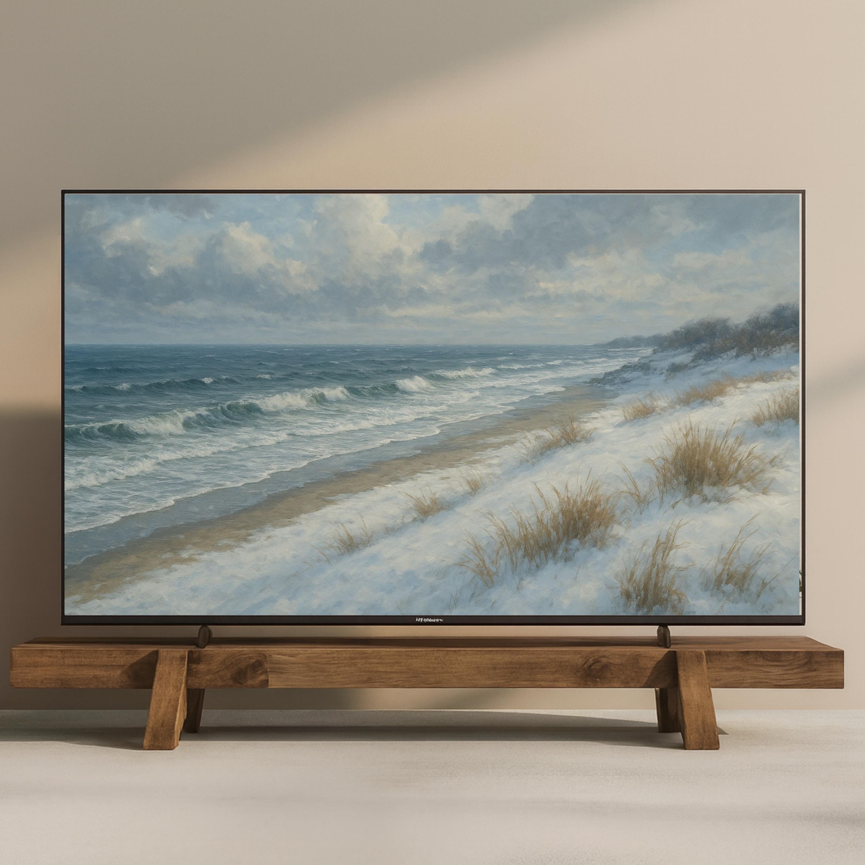 冬の海岸のテレビフレームアート、空中雪のビーチ（デジタル