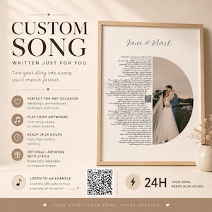 Puede incluir: Una impresión enmarcada con el texto CUSTOM SONG WRITTEN JUST FOR YOU, una fotografía circular de una pareja con ropa de boda, letras de canciones y un código QR. El diseño incluye iconos para ocasiones, música, tiempo y regalos, con el texto 24H.