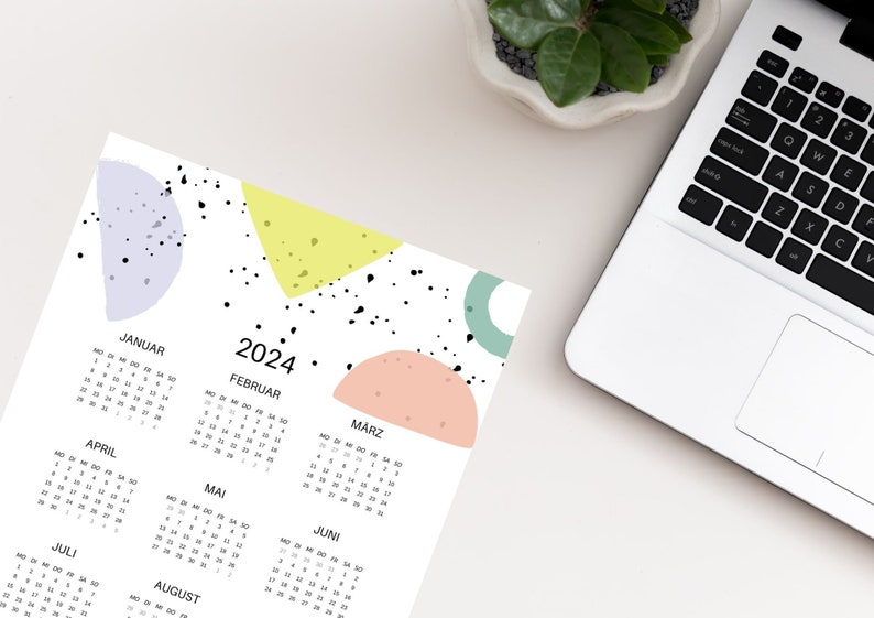 Jahreskalender 2024 zum ausdrucken alle Monate auf einen Blick moderner