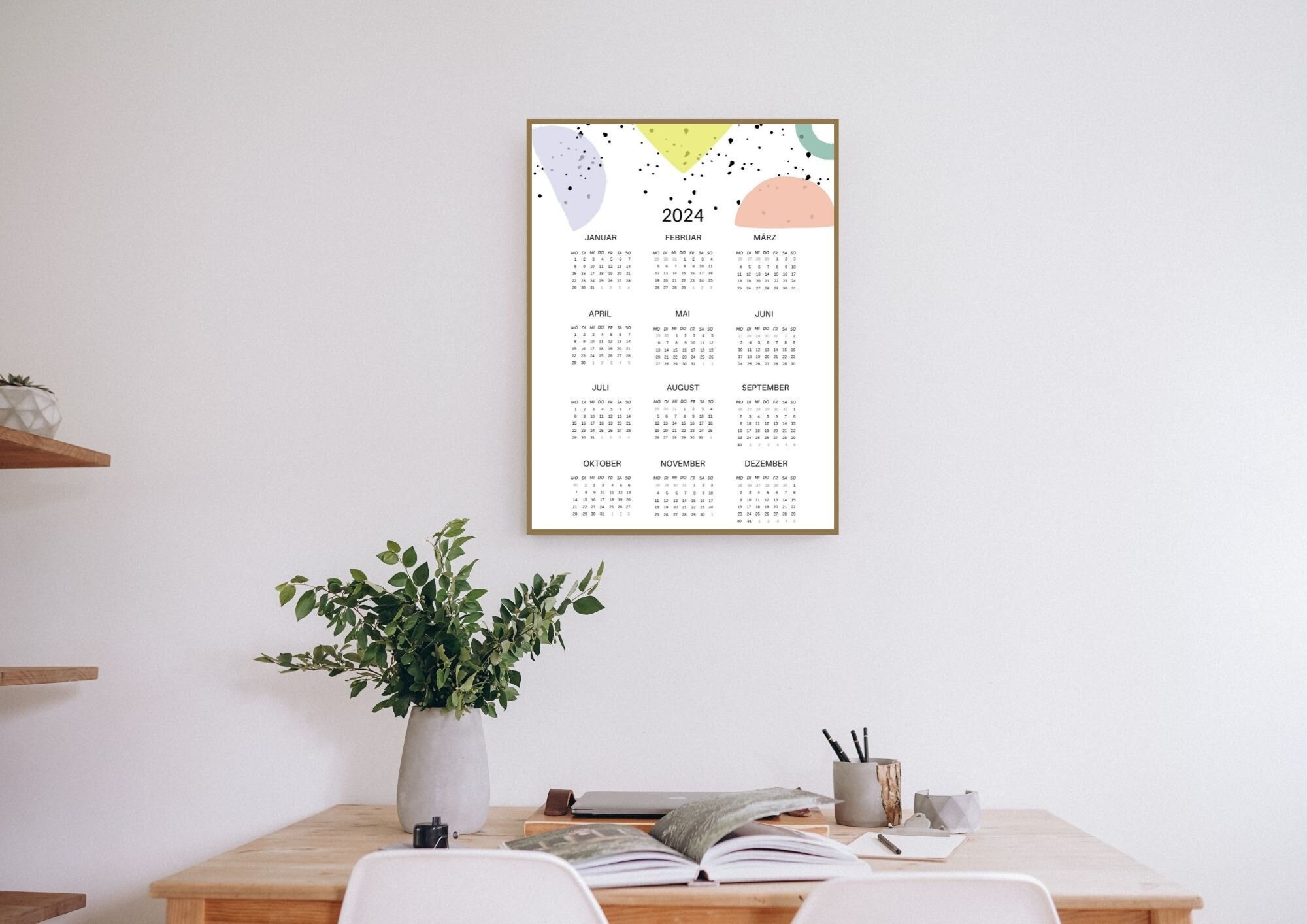Jahreskalender 2024 zum ausdrucken alle Monate auf einen Blick moderner 