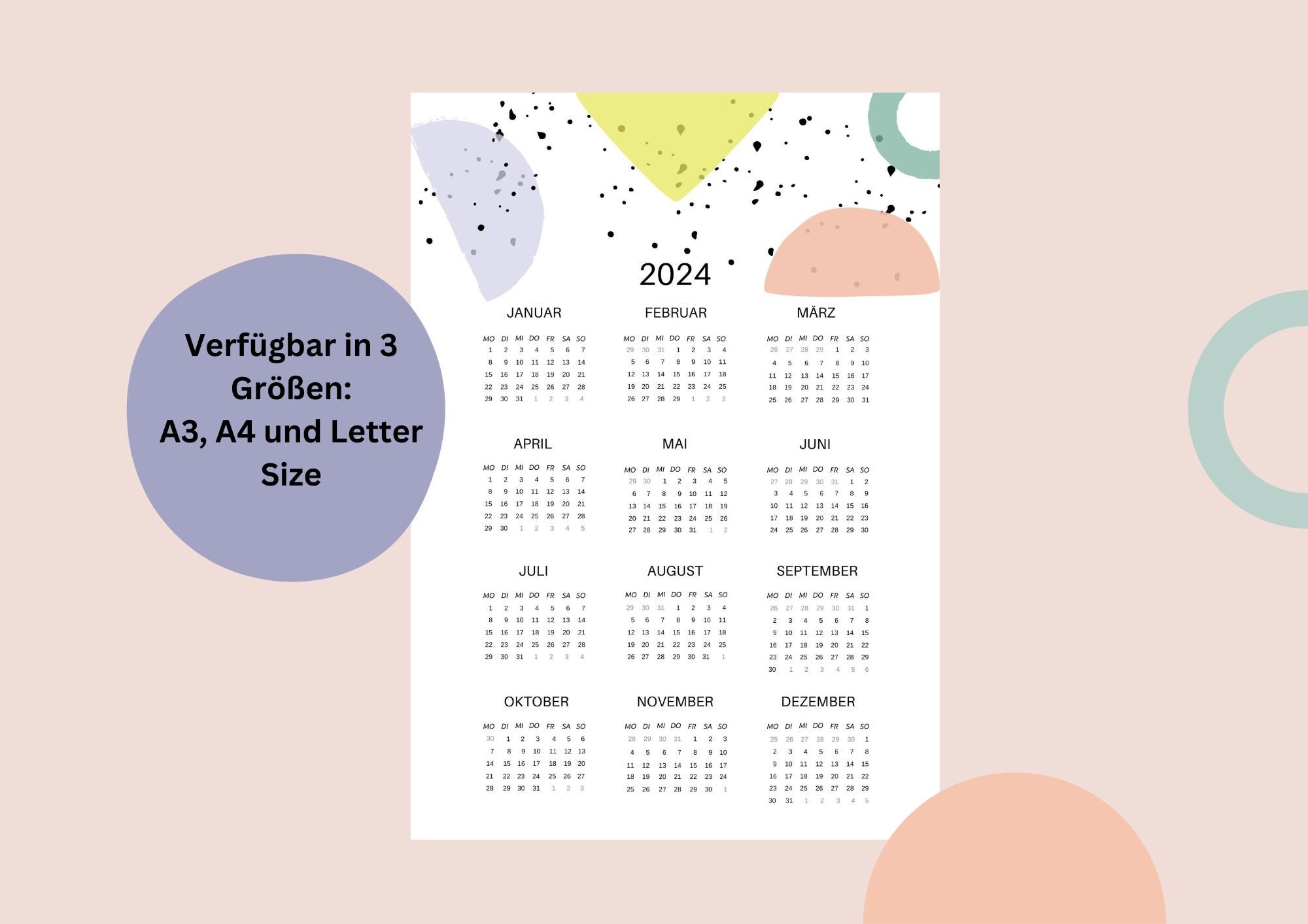Jahreskalender 2024 zum ausdrucken alle Monate auf einen Blick moderner 