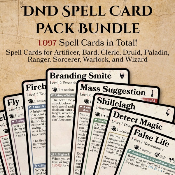 Pacchetto di carte degli incantesimi DnD - Download digitale, tutte le classi! / Carte incantesimo D&D, Carte incantesimo DnD Magic, Regalo DnD, Regalo di Natale DnD