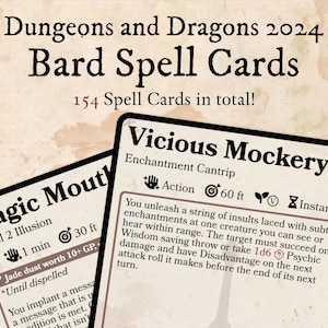 Pack de cartes sorts barde D&D 2024 - téléchargement numérique// Un D&D, nouveau D&D, D&D, 5.5e, cartes magiques, sorts, TTRPG, cadeau de vacances