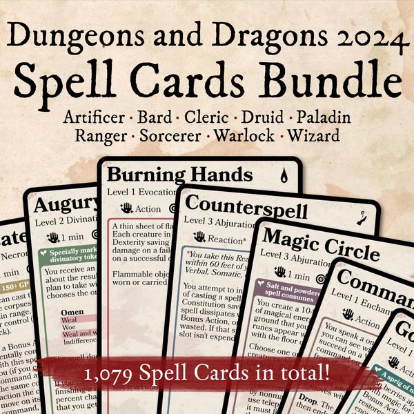 Pakiet kart zaklęć DnD 2024 — pobieranie cyfrowe, wszystkie klasy! // Jeden DnD, Nowe D&D, DnD, 5.5e, Karty magiczne, Zaklęcia, TTRPG, Prezent świąteczny