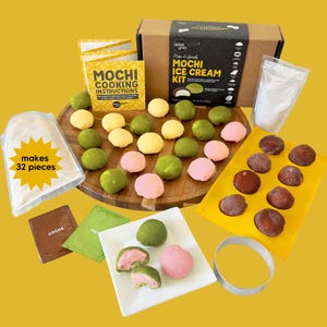 May include: A mochi ice cream kit with all the ingredients needed to make 32 mochi ice cream balls. The kit includes mochi flour, matcha powder, cocoa powder, and a mold for shaping the mochi. The kit also includes instructions for making the mochi ice cream.