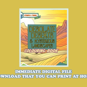 以下が含まれることがあります： 砂漠の風景を描いた塗り絵の表紙。タイトルは「Desolate Deserts & Mysterious Landscapes Coloring Book」。この本は「Stoops & Tooks」シリーズの第4巻です。