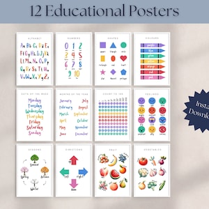 Educational Posters Set of 12 Homeschool Printables Classroom Printables Playroom Wall Art Montessori Learning Digital Download