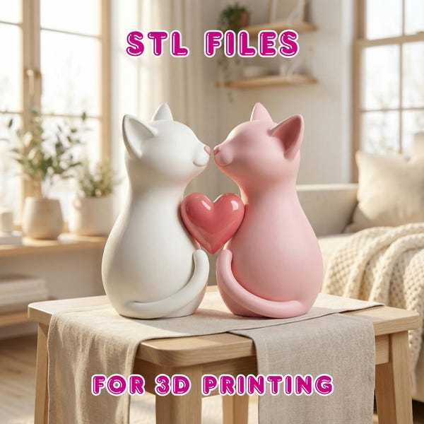 Valentine Katzen Figur STL-Dateien • Liebe Katzen mit Herz • süsses romantisches 3D druckbares Geschenk • Katzen Hochzeitstorte