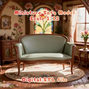 May include: A miniature sofa model in a 1:12 scale, featuring a light green seat and a wooden frame. The sofa is placed on a floral rug, with text that reads "Miniature Sofa Model Scale 1:12" and "Digital STL file".