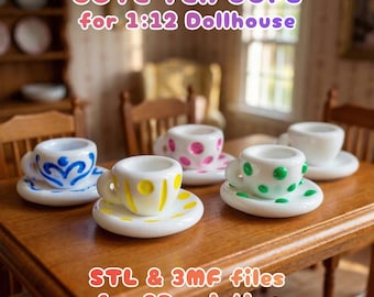 Dollhouse Tea Cups STL 3MF | 1:12 Miniature Tea Set | Cute Dollhouse Kitchen Decor | 3D Printing Files
