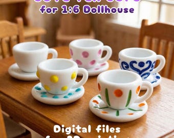 Dollhouse Tea Cups STL and 3MF | 1:6 Miniature Tea Set | Cute Dollhouse Kitchen Decor | 3D Printing Files