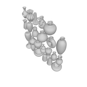 May include: A collection of various gray ceramic vases in different shapes and sizes. The vases include tall, slender designs, bulbous forms, and some with decorative details. The arrangement is on a white background.